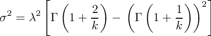 \[
     \sigma^2 = \lambda^2 \left[ \Gamma\left(1 + \frac{2}{k}\right) - \\
                                 \left( \Gamma\left(1 + \frac{1}{k}\right)\right)^2
                          \right]
  \]